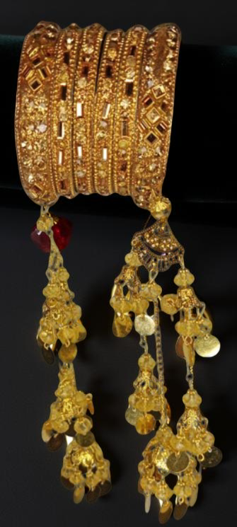 Bridal Golden Bangles Set With Intricate Stonework And Traditional Hanging Kaleere