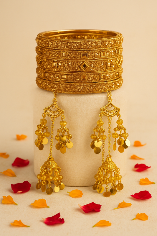 Bridal Golden Bangles Set With Intricate Stonework And Traditional Hanging Kaleere