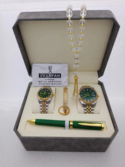 Men's Stainless Steel Set: Watch, Rosary, Pen & Cufflinks